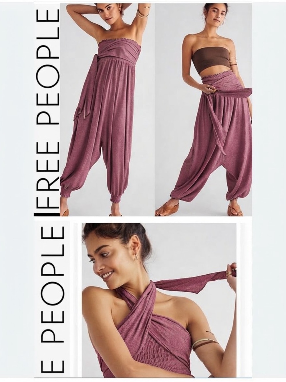 Free People Beach Just Like That Convertible Harem Jumpsuit Dusty Berry Smocked